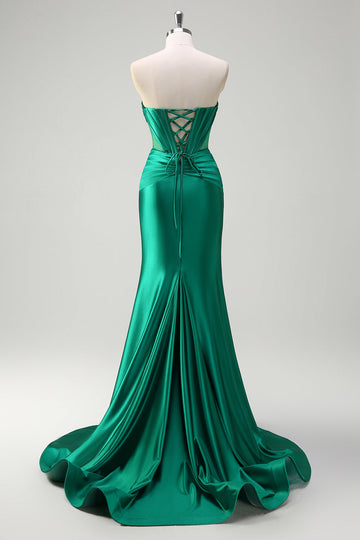 Sirena verde oscuro brillante Corsé sin tirantes con cuentas Vestido de fiesta de satén fruncido con abertura